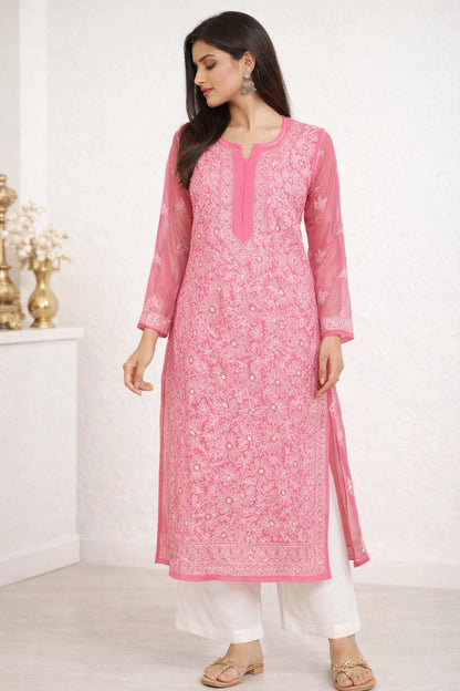 Lucknow Fashion Diary Hand Embroidered Lucknowi Chikankari Women's Pink Georgette Kurti