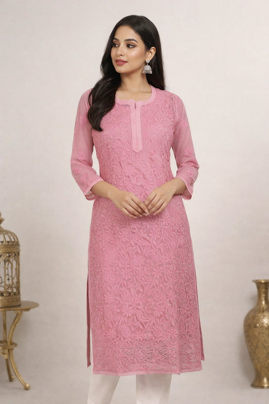 Lucknow Fashion Diary Hand Embroidered Lucknowi Chikankari Women's Pink Georgette Kurti