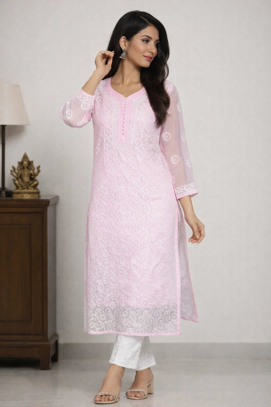 Lucknow Fashion Diary Hand Embroidered Lucknowi Chikankari Women's Pink Georgette Kurti