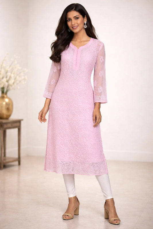 Lucknow Fashion Diary Hand Embroidered Lucknowi Chikankari Women's Pink Georgette Kurti