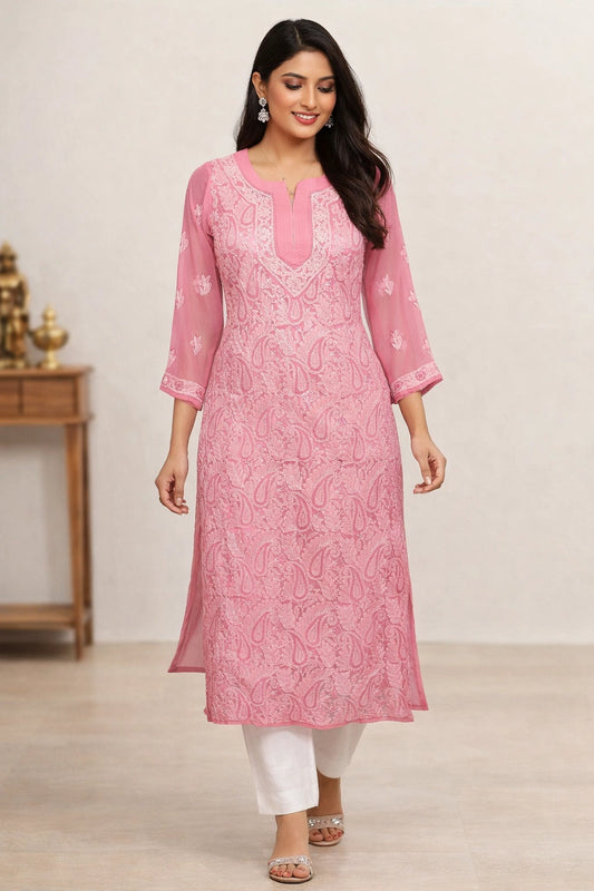Lucknow Fashion Diary Hand Embroidered Lucknowi Chikankari Women's Pink Georgette Kurti