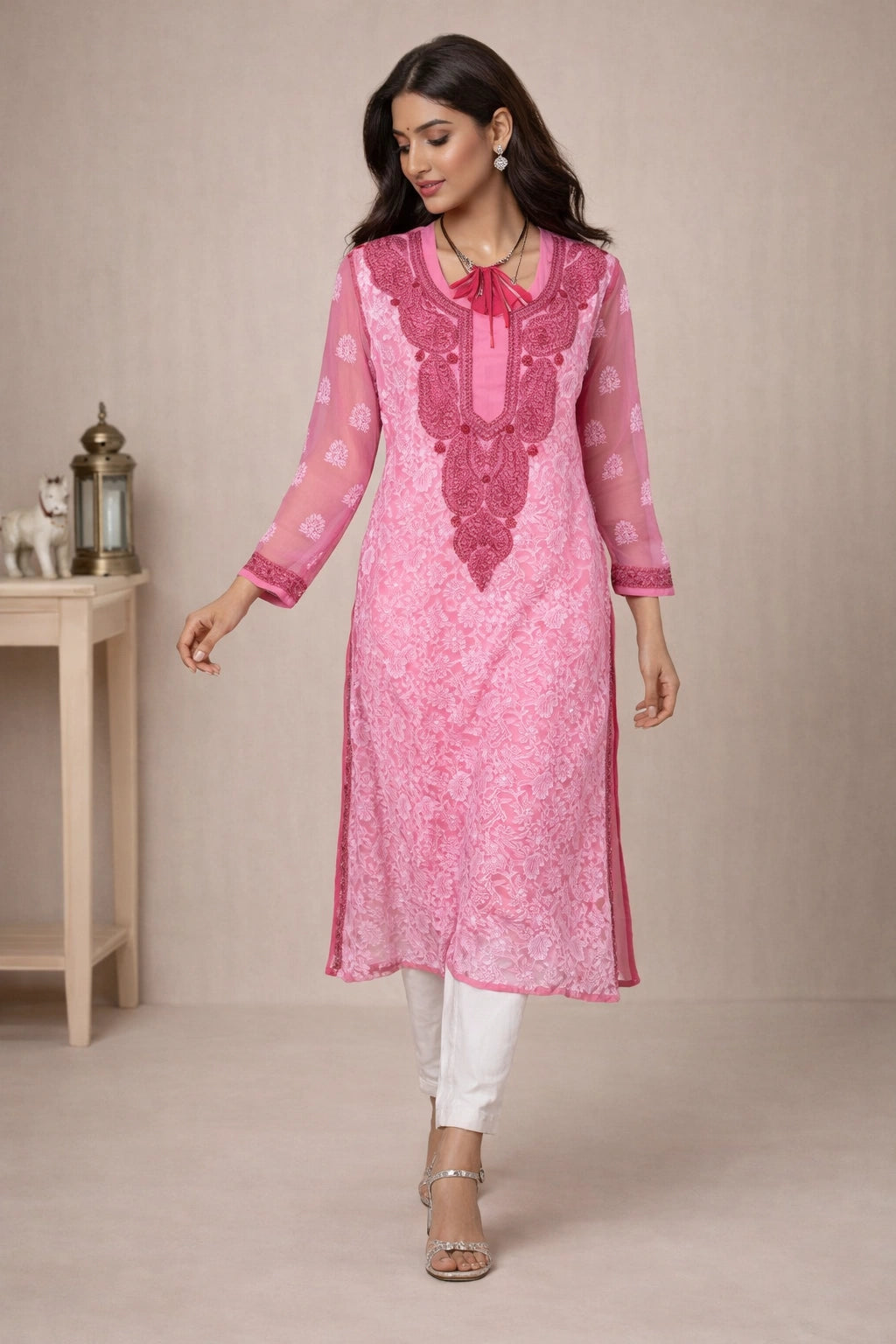 Lucknow Fashion Diary Hand Embroidered Lucknowi Chikankari Women's Pink Georgette Kurti