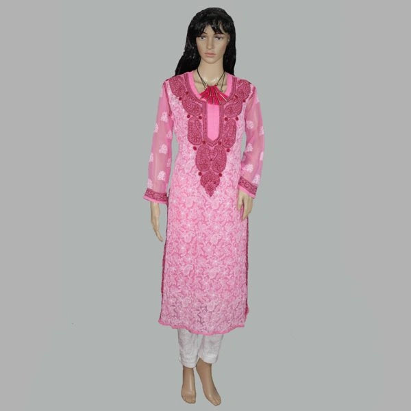 Mannequin wearing a pink embroidered traditional outfit on a gray background