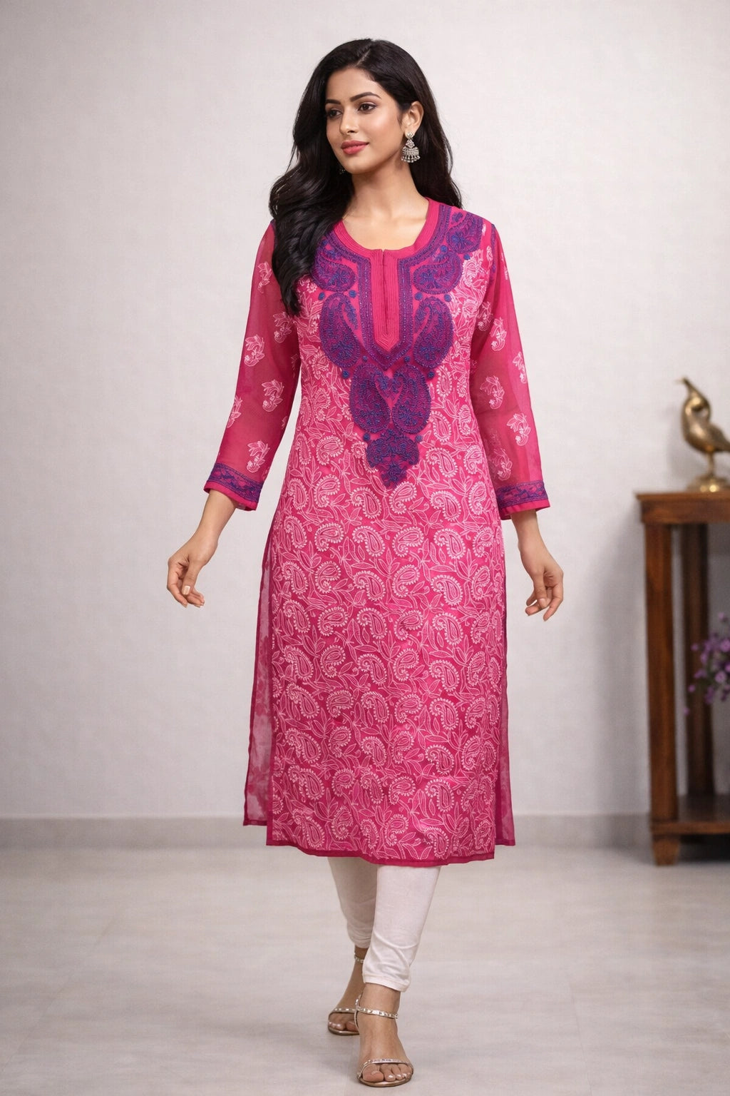 Lucknow Fashion Diary Hand Embroidered Lucknowi Chikankari Women's Pink Georgette Kurti