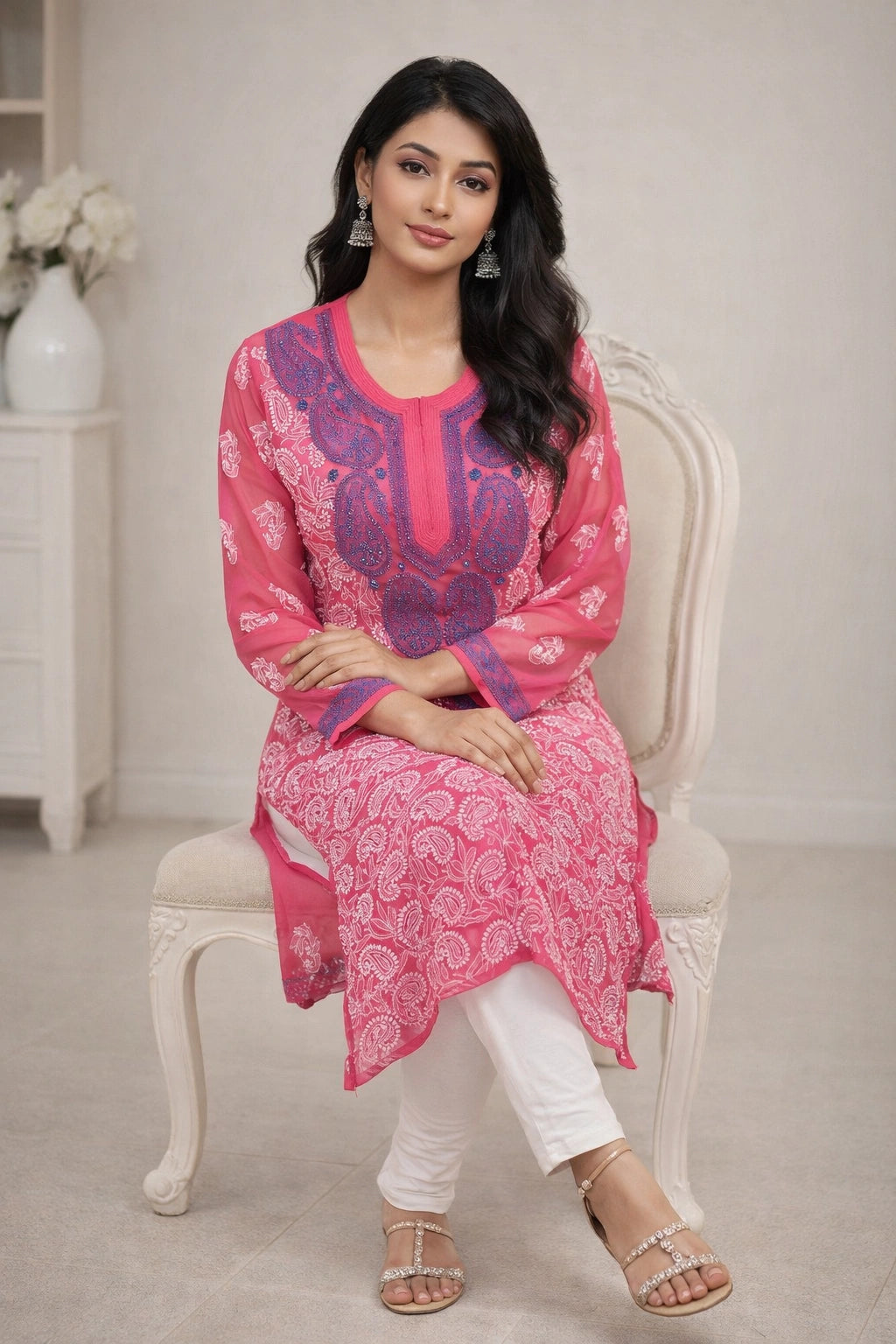 Woman wearing embroidered pink and purple traditional outfit sitting on a white chair.