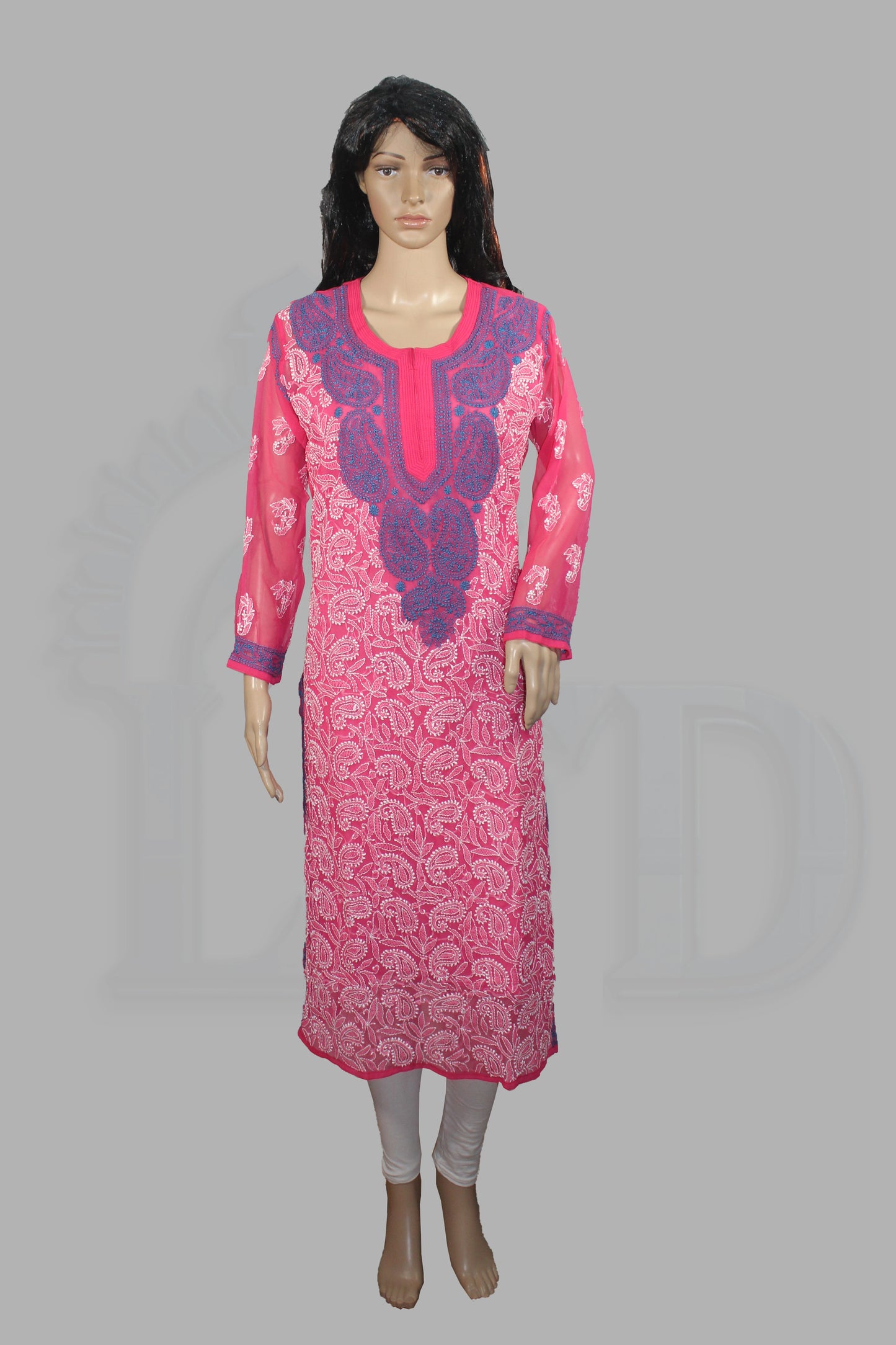 Mannequin wearing a chikan pink and purple patterned kurta on a gray background