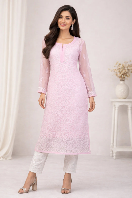 Lucknow Fashion Diary Hand Embroidered Lucknowi Chikankari Women's Pink Georgette Kurti