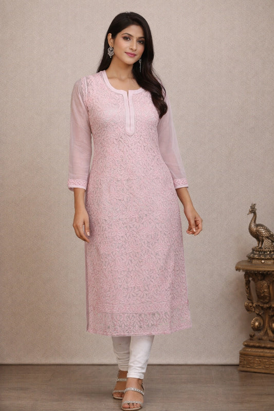 Lucknow Fashion Diary Hand Embroidered Lucknowi Chikankari Women's  Pink Georgette Kurti