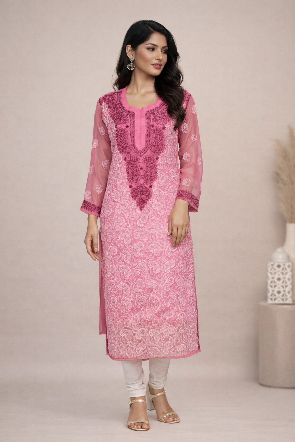 Lucknow Fashion Diary Hand Embroidered Lucknowi Chikankari Women's Pink Georgette Kurti 