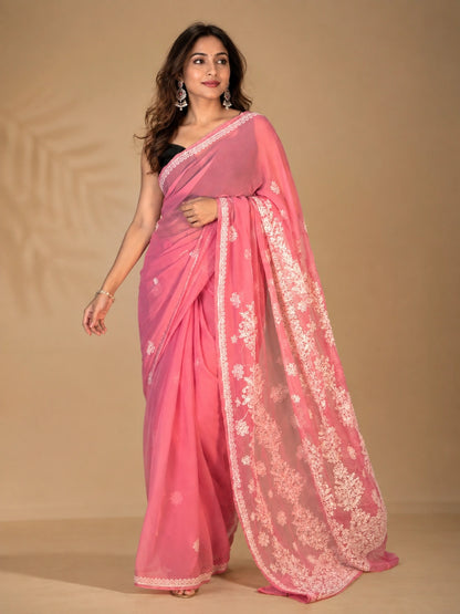 Lucknow Fashion Diary Hand Embroidered Lucknowi Chikankari Women's Pink Georgette Saree With Blouse