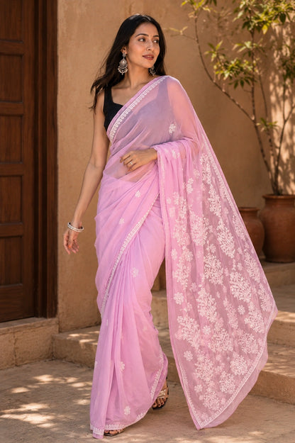 Lucknow Fashion Diary Hand Embroidered Lucknowi Chikankari Women's Pink Georgette Saree With Blouse