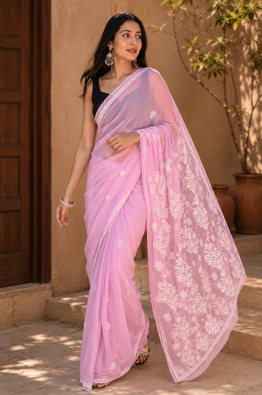 Lucknow Fashion Diary Hand Embroidered Lucknowi Chikankari Women's Pink Georgette Saree With Blouse