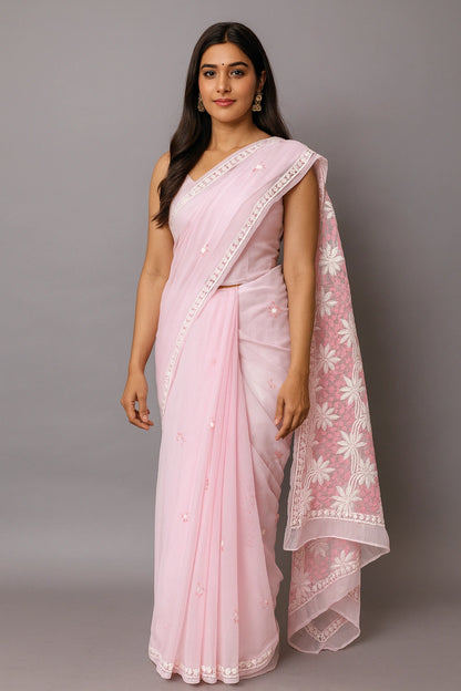 Lucknow Fashion Diary Hand Embroidered Lucknowi Chikankari Women's Pink Georgette Saree With Blouse