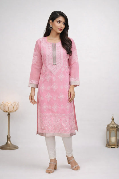 Lucknow Fashion Diary Hand Embroidered Lucknowi Chikankari Women's Pink Khadi Cotton Kurti