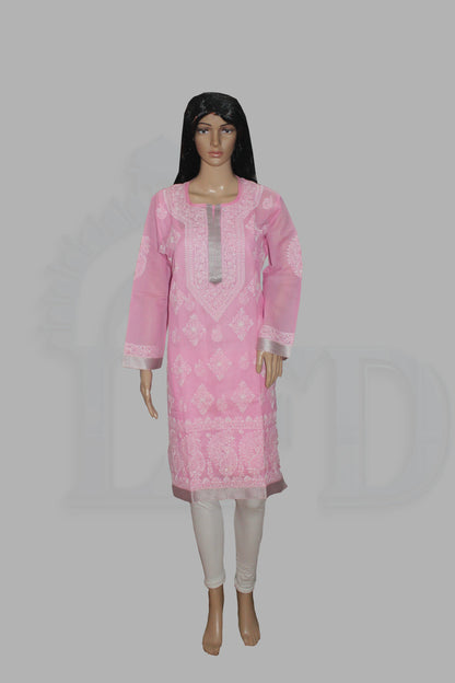 Mannequin wearing a pink embroidered kurta with white pants on a gray background