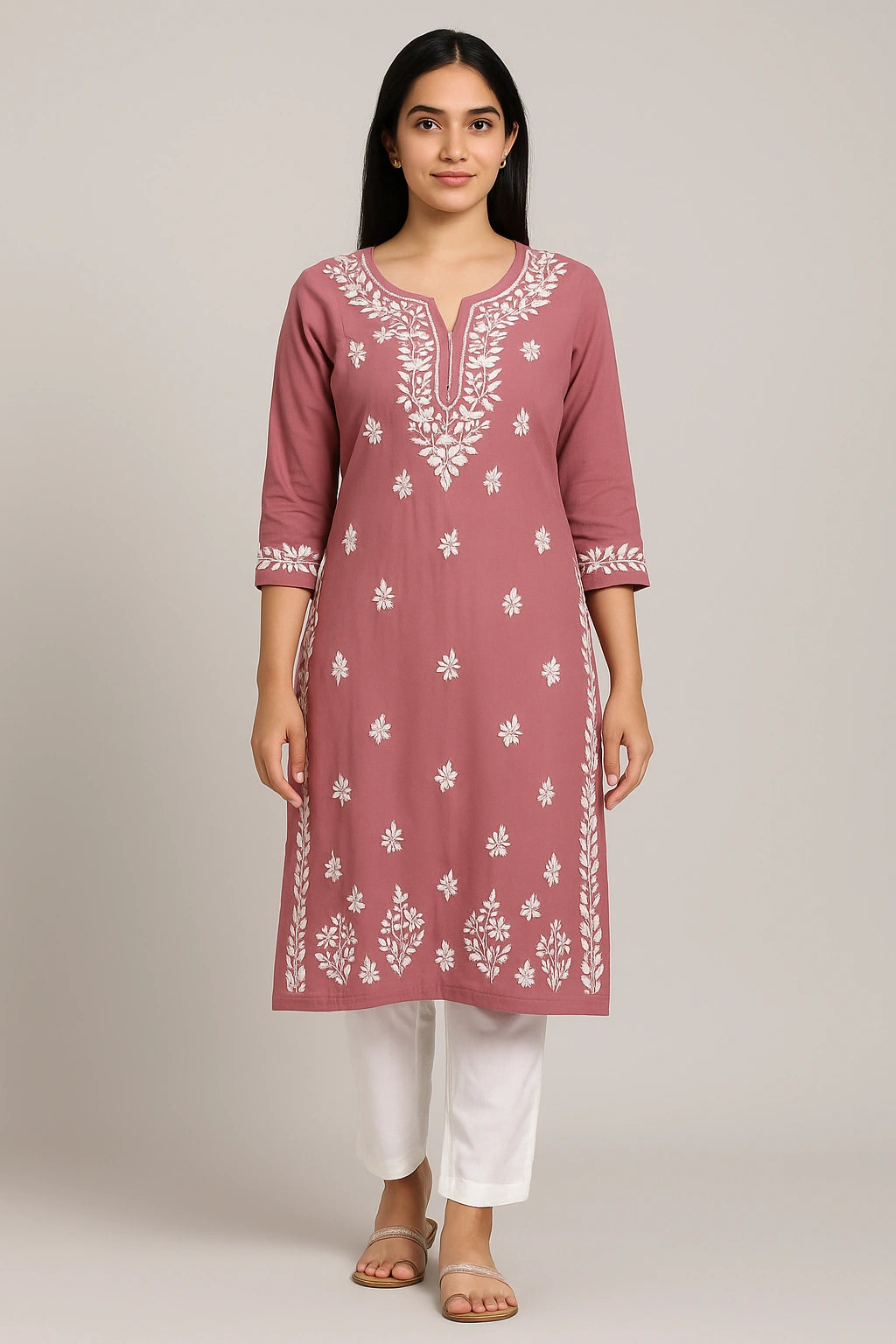 Lucknow Fashion Diary Hand Embroidered Lucknowi Chikankari Women's Pink Modal Kurti