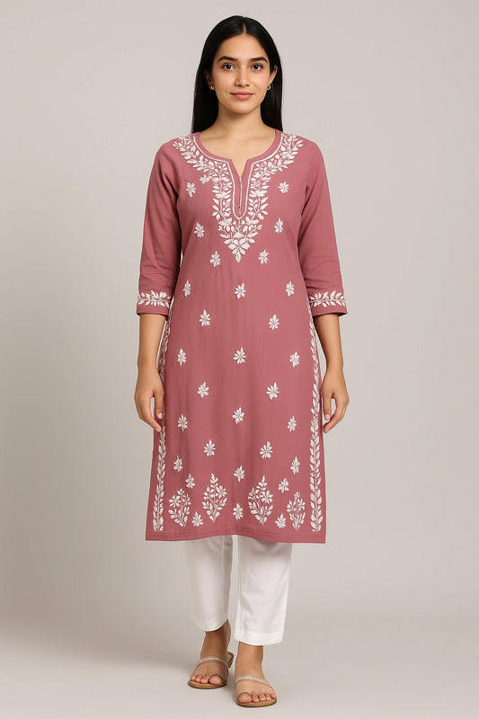 Lucknow Fashion Diary Hand Embroidered Lucknowi Chikankari Women's Pink Modal Kurti