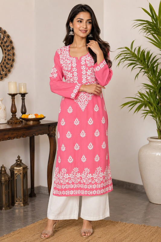 Lucknow Fashion Diary Hand Embroidered Lucknowi Chikankari Women's Pink Modal Kurti