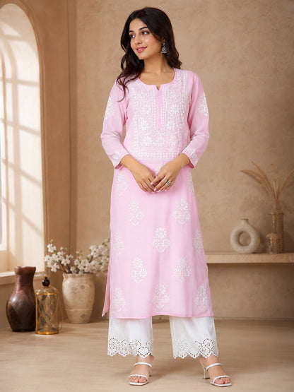 Lucknow Fashion Diary Hand Embroidered Lucknowi Chikankari Women's Pink Modal Kurti