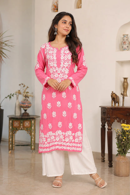 Lucknow Fashion Diary Hand Embroidered Lucknowi Chikankari Women's Pink Modal Kurti