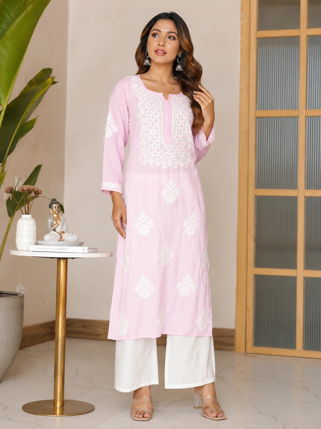 Lucknow Fashion Diary Hand Embroidered Lucknowi Chikankari Women's Pink Modal Kurti