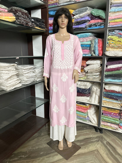 Lucknowi Chikankari Women's Pink 'Shagufta' Modal Kurta