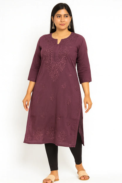 Lucknow Fashion Diary Hand Embroidered Lucknowi Chikankari Women's Plum Purple Modal Kurti