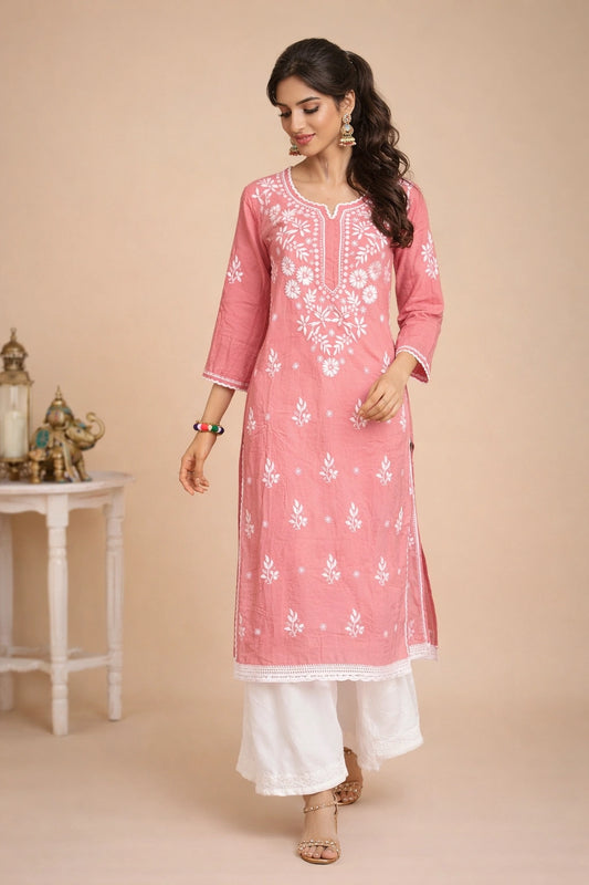 Lucknow Fashion Diary Hand Embroidered Lucknowi Chikankari Women's Powder Pink Modal Kurti