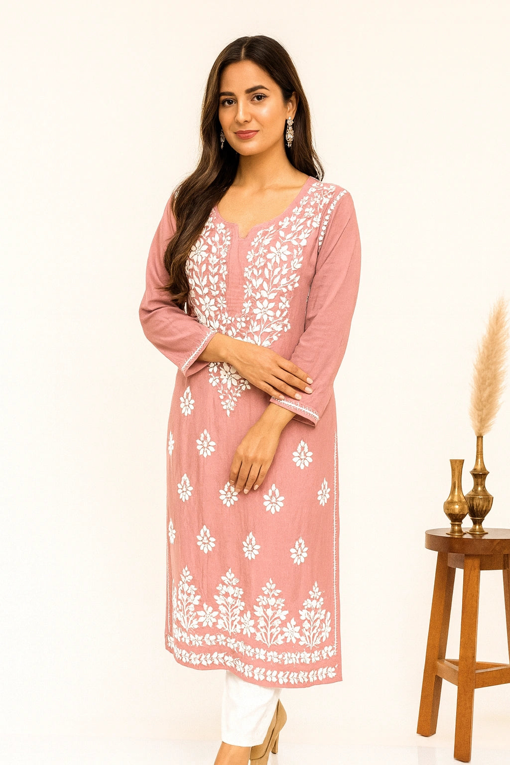 Lucknow Fashion Diary Hand Embroidered Lucknowi Chikankari Women's Powder Pink Modal Kurti