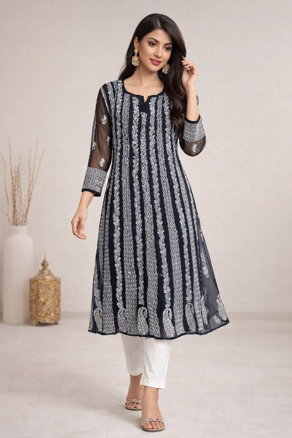 Lucknow Fashion Diary Hand Embroidered Lucknowi Chikankari Women's Black Georgette Anarkali