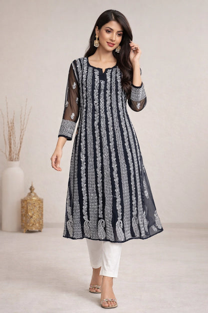 Lucknow Fashion Diary Hand Embroidered Lucknowi Chikankari Women's Black Georgette Anarkali