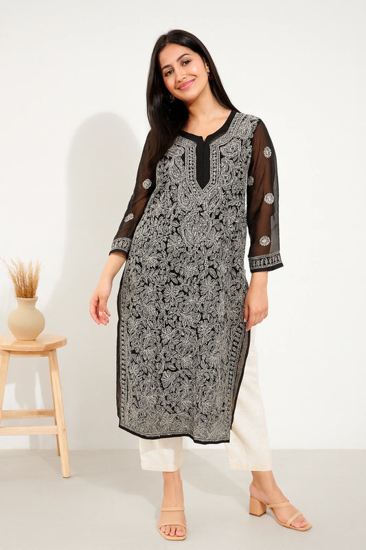 Lucknow Fashion Diary Hand Embroidered Lucknowi Chikankari Women's Black Georgette Kurti