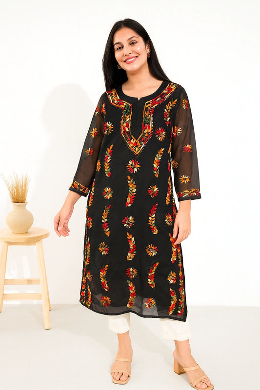 Lucknow Fashion Diary Hand Embroidered Lucknowi Chikankari Women's Black Georgette Kurti