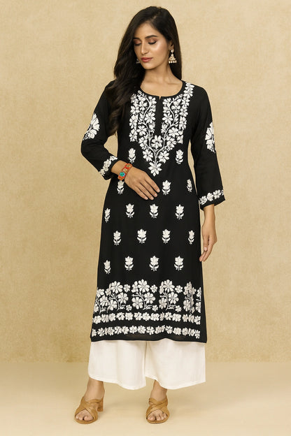 Lucknow Fashion Diary Hand Embroidered Lucknowi Chikankari Women's Black Modal Kurti