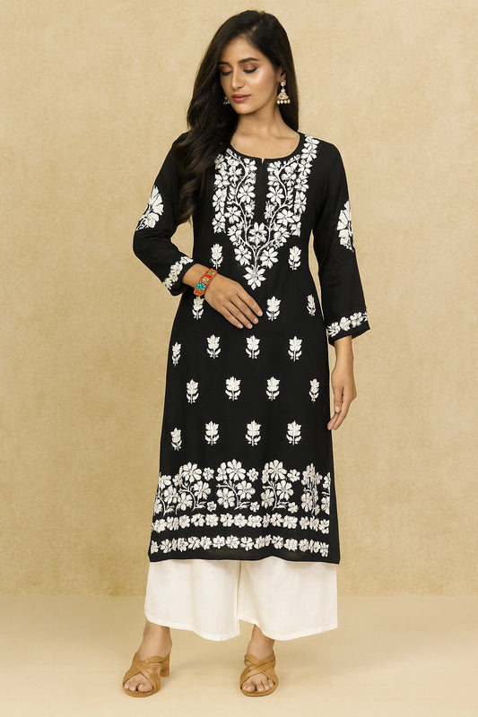 Lucknow Fashion Diary Hand Embroidered Lucknowi Chikankari Women's Black Modal Kurti