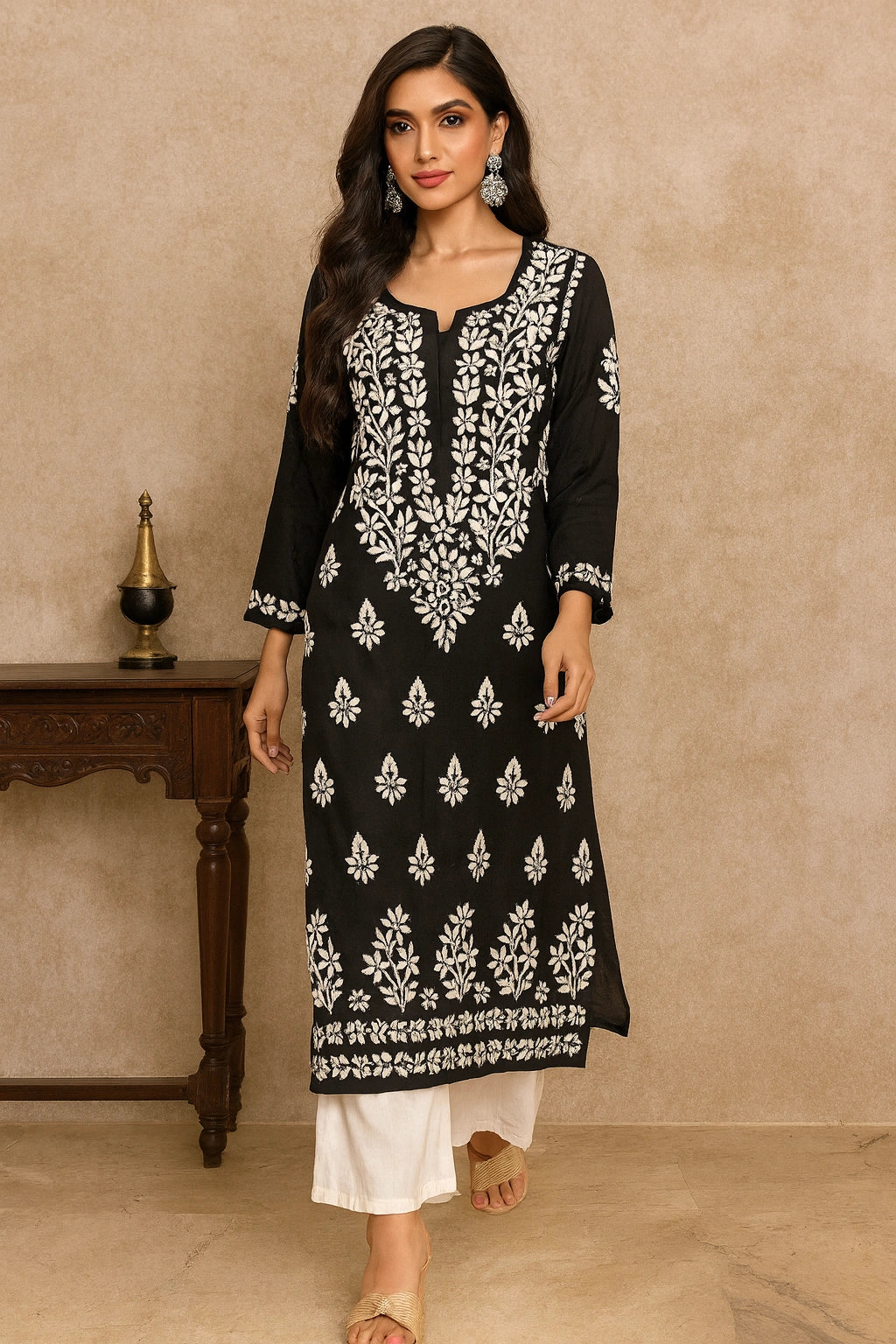 Lucknow Fashion Diary Hand Embroidered Lucknowi Chikankari Women's Black Modal Kurti 