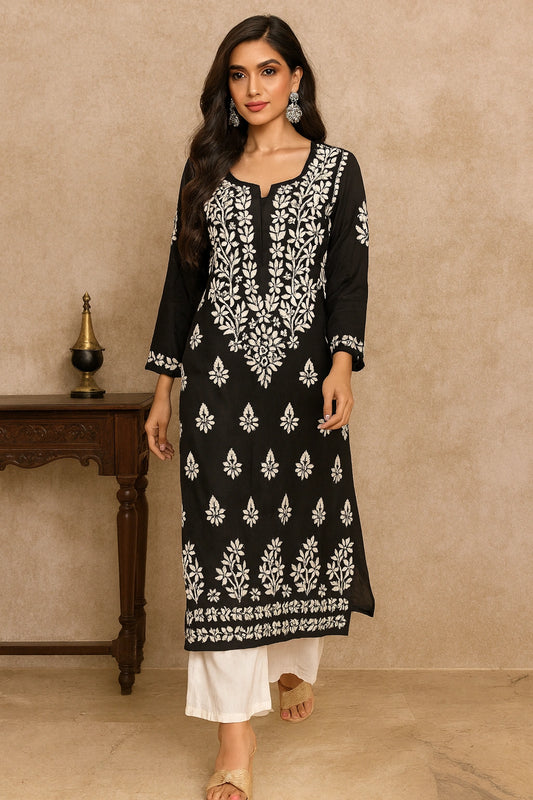 Lucknow Fashion Diary Hand Embroidered Lucknowi Chikankari Women's Black Modal Kurti 