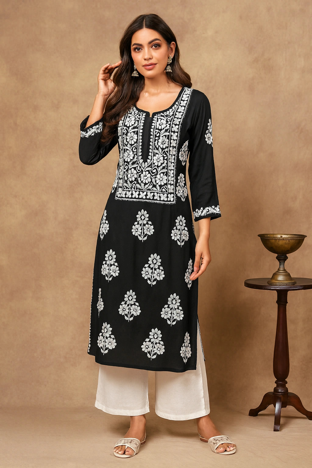 Lucknow Fashion Diary Hand Embroidered Lucknowi Chikankari Women's Black Modal Kurti