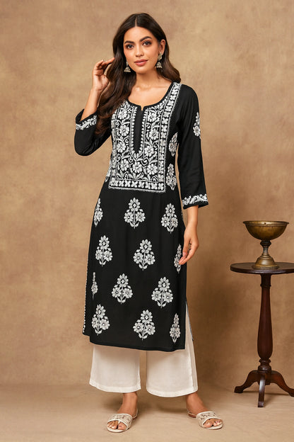 Lucknow Fashion Diary Hand Embroidered Lucknowi Chikankari Women's Black Modal Kurti