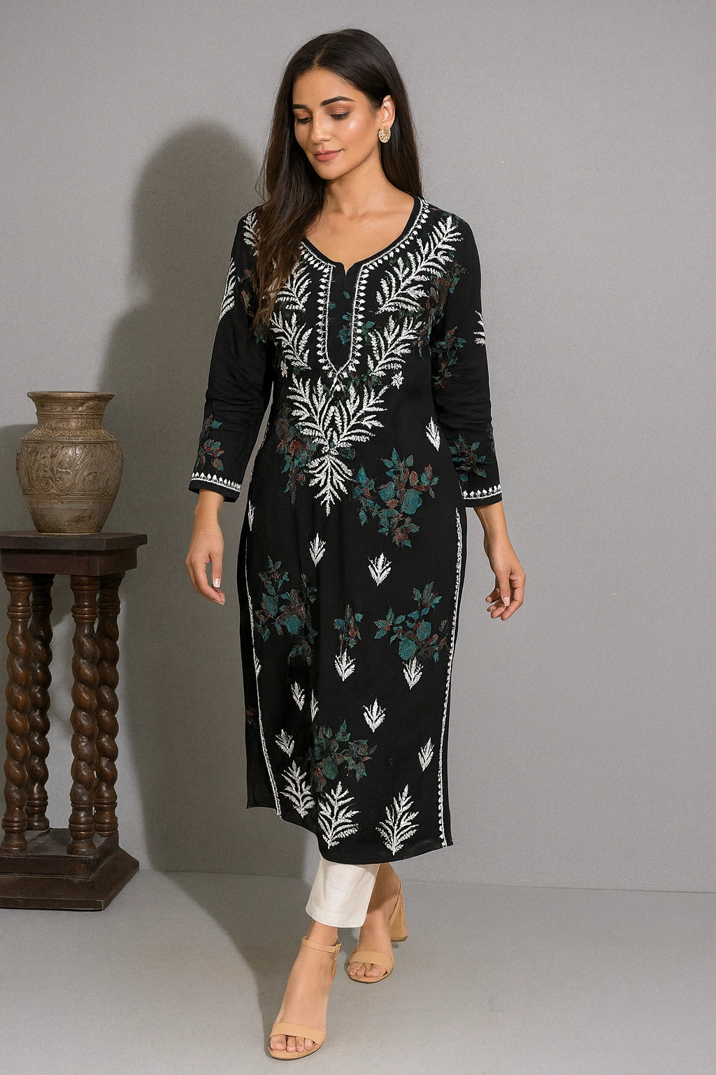Lucknow Fashion Diary Hand Embroidered Lucknowi Chikankari Women's Black Rayon Kurti 