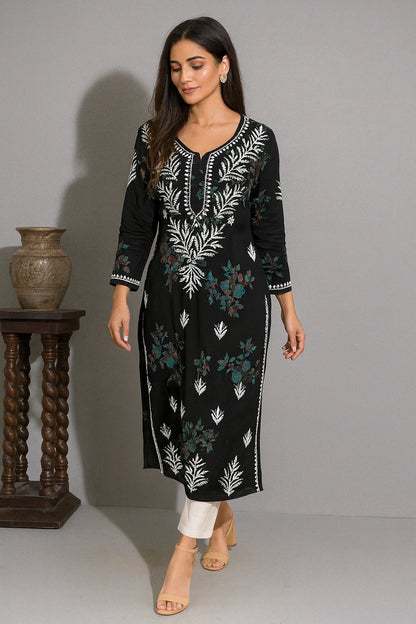 Lucknow Fashion Diary Hand Embroidered Lucknowi Chikankari Women's Black Rayon Kurti 
