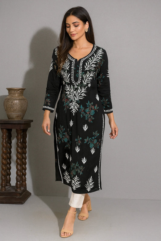 Lucknow Fashion Diary Hand Embroidered Lucknowi Chikankari Women's Black Rayon Kurti 