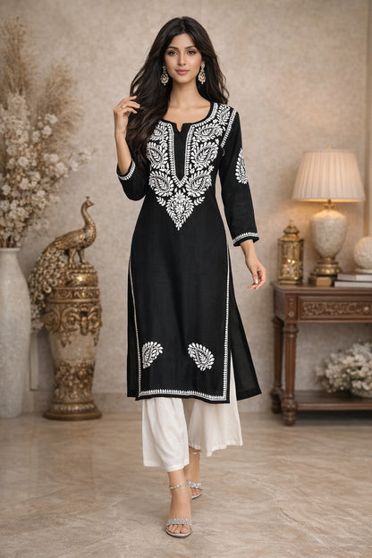 Lucknow Fashion Diary Hand Embroidered Lucknowi Chikankari Women's Black Rayon Kurti