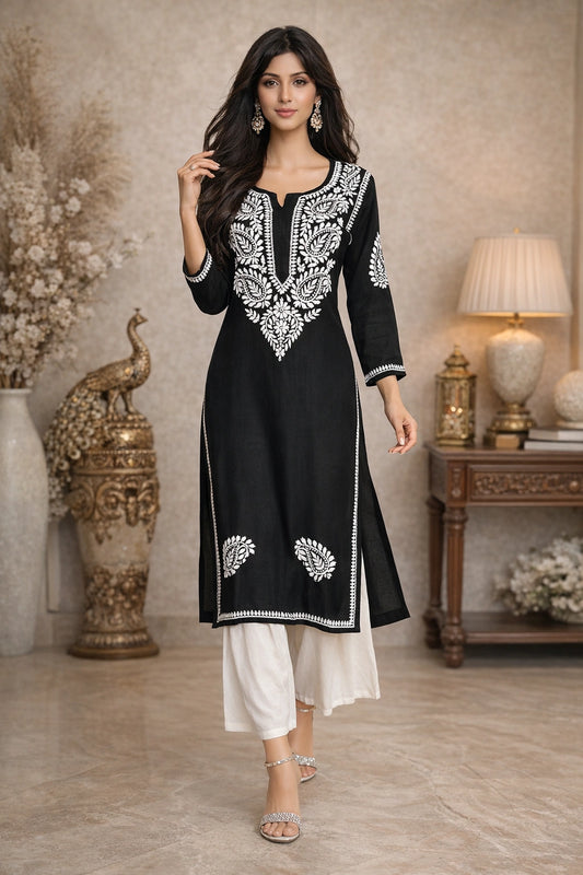 Lucknow Fashion Diary Hand Embroidered Lucknowi Chikankari Women's Black Rayon Kurti