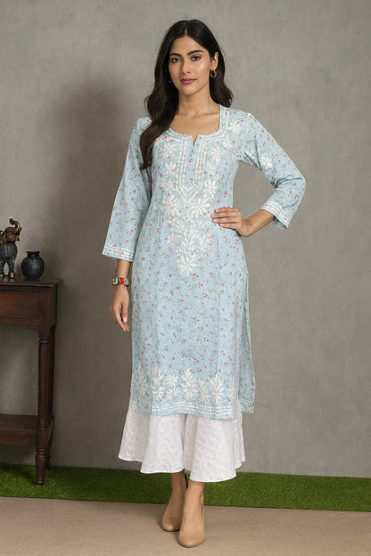 Lucknow Fashion Diary Hand Embroidered Lucknowi Chikankari Women's Blue Cotton Kurti