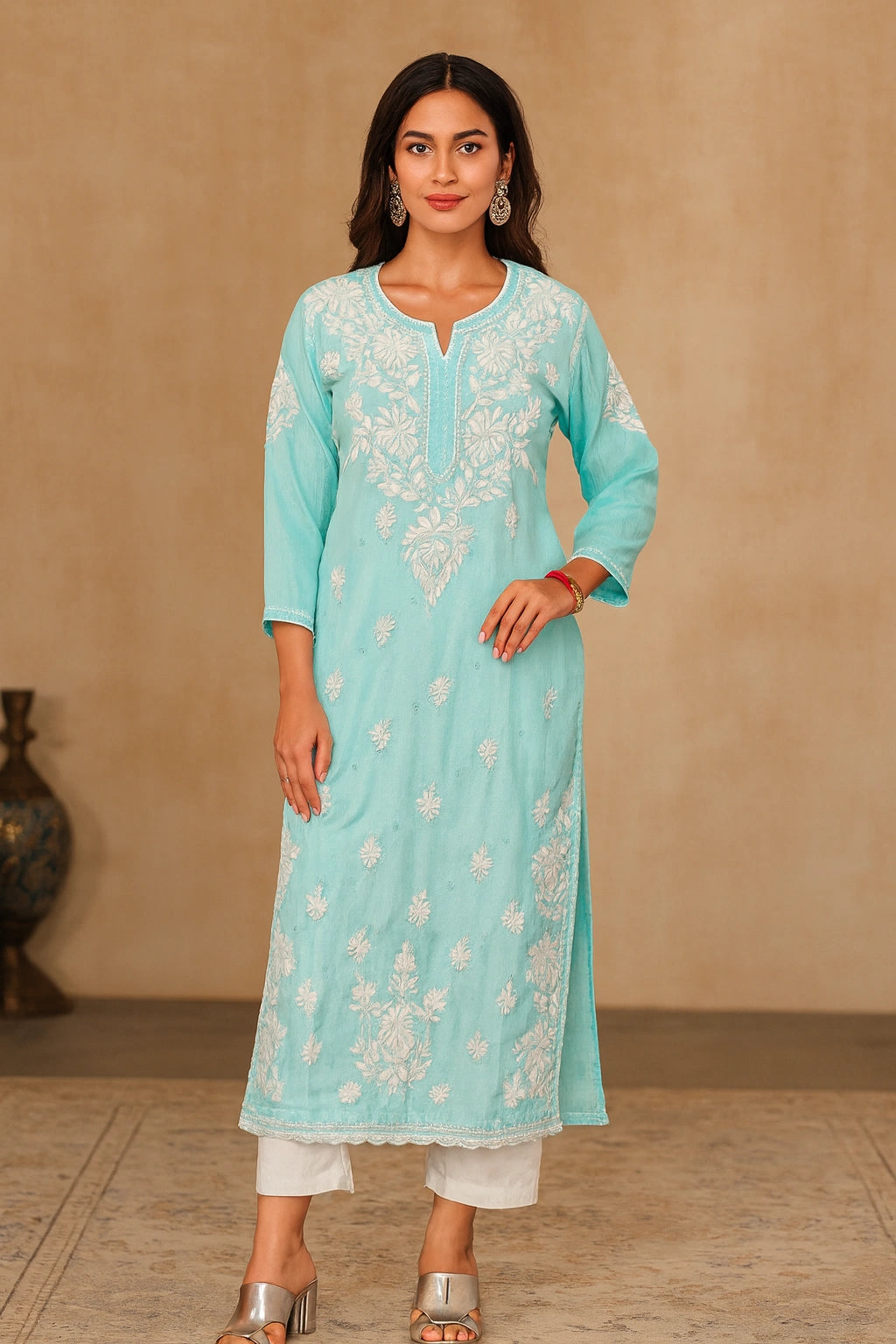 Lucknow Fashion Diary Hand Embroidered Lucknowi Chikankari Women's Blue Crape Kurti