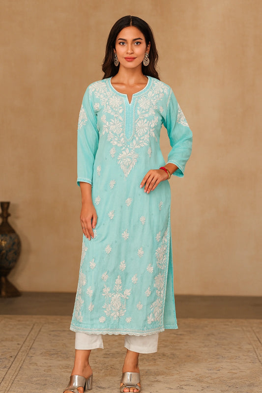 Lucknow Fashion Diary Hand Embroidered Lucknowi Chikankari Women's Blue Crape Kurti