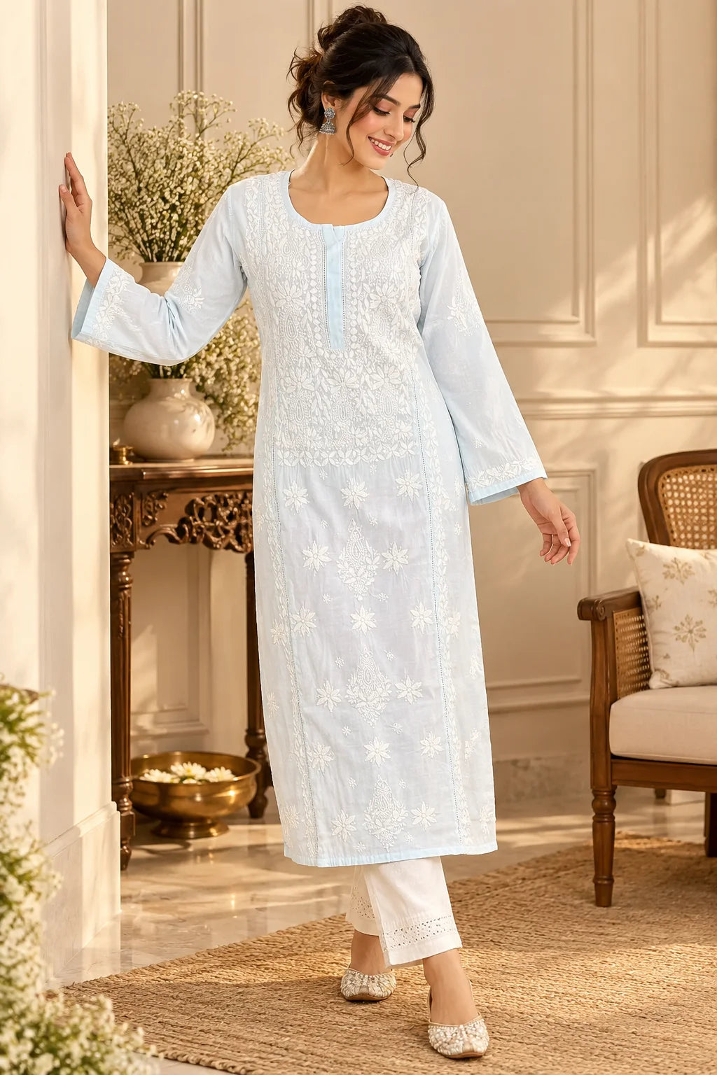 Lucknow Fashion Diary Hand Embroidered Lucknowi Chikankari Women's Blue crape Kurti