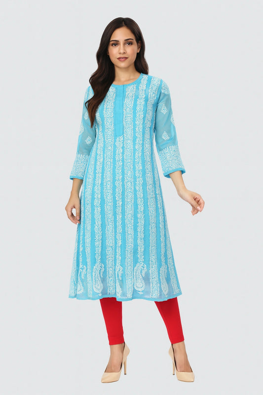 Lucknow Fashion Diary Hand Embroidered Lucknowi Chikankari Women's Blue Georgette Anarkali