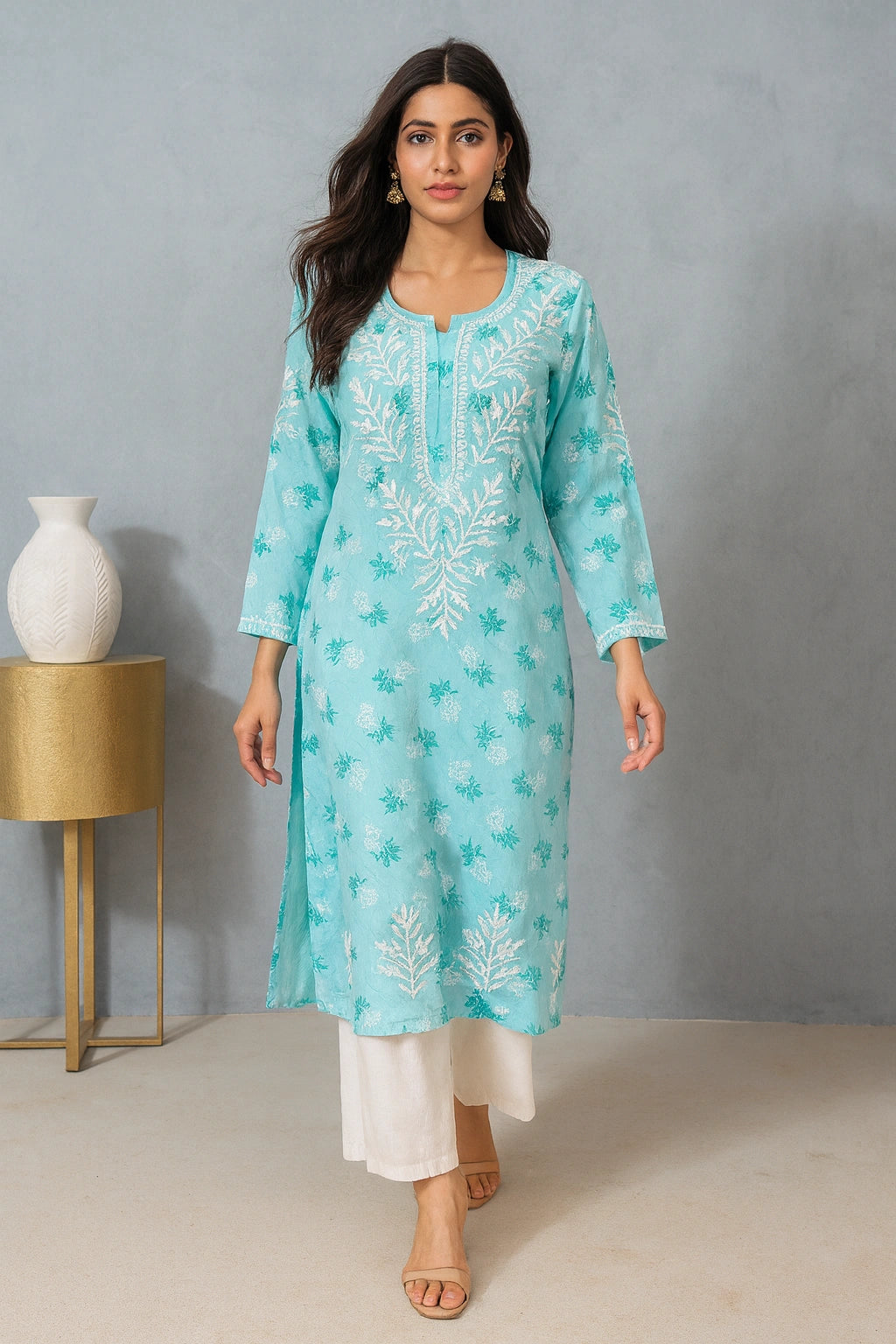 Lucknow Fashion Diary Hand Embroidered Lucknowi Chikankari Women's Blue Printed Rayon Kurti